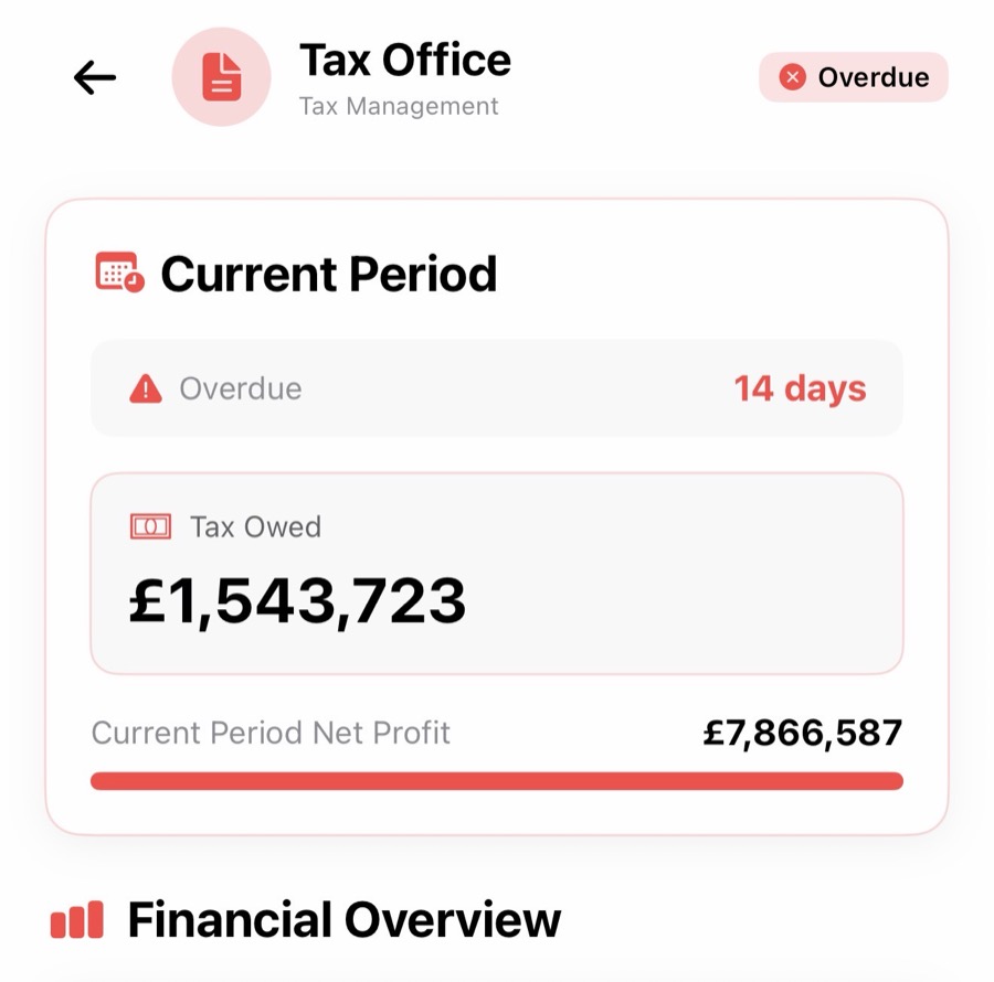 The Tax Office screen with tax owed for the current period