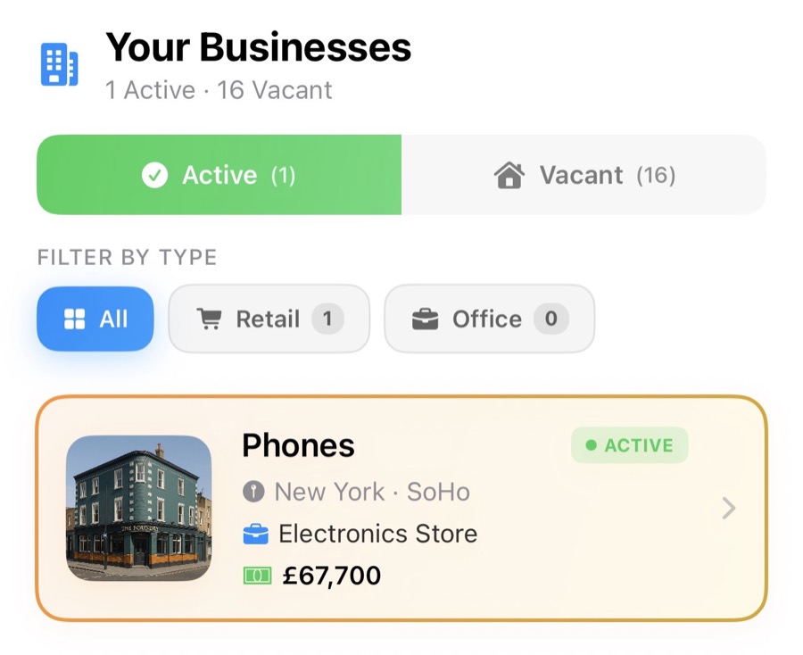 The Your Businesses screen listing a store in SoHo, New York